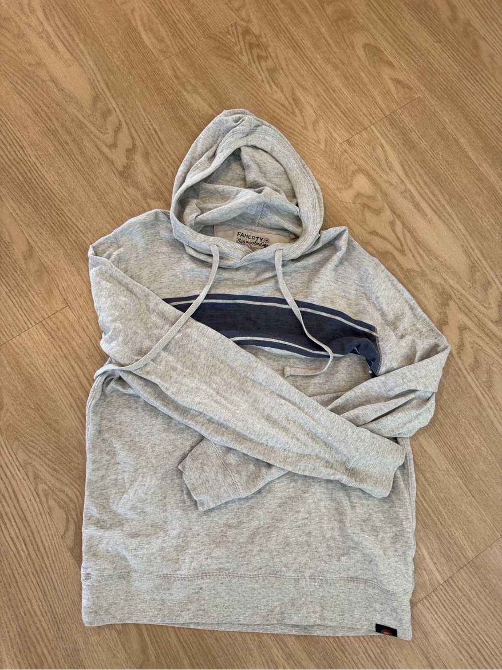 Faherty Light Gray Hooded Pullover with Navy Chest Stripe